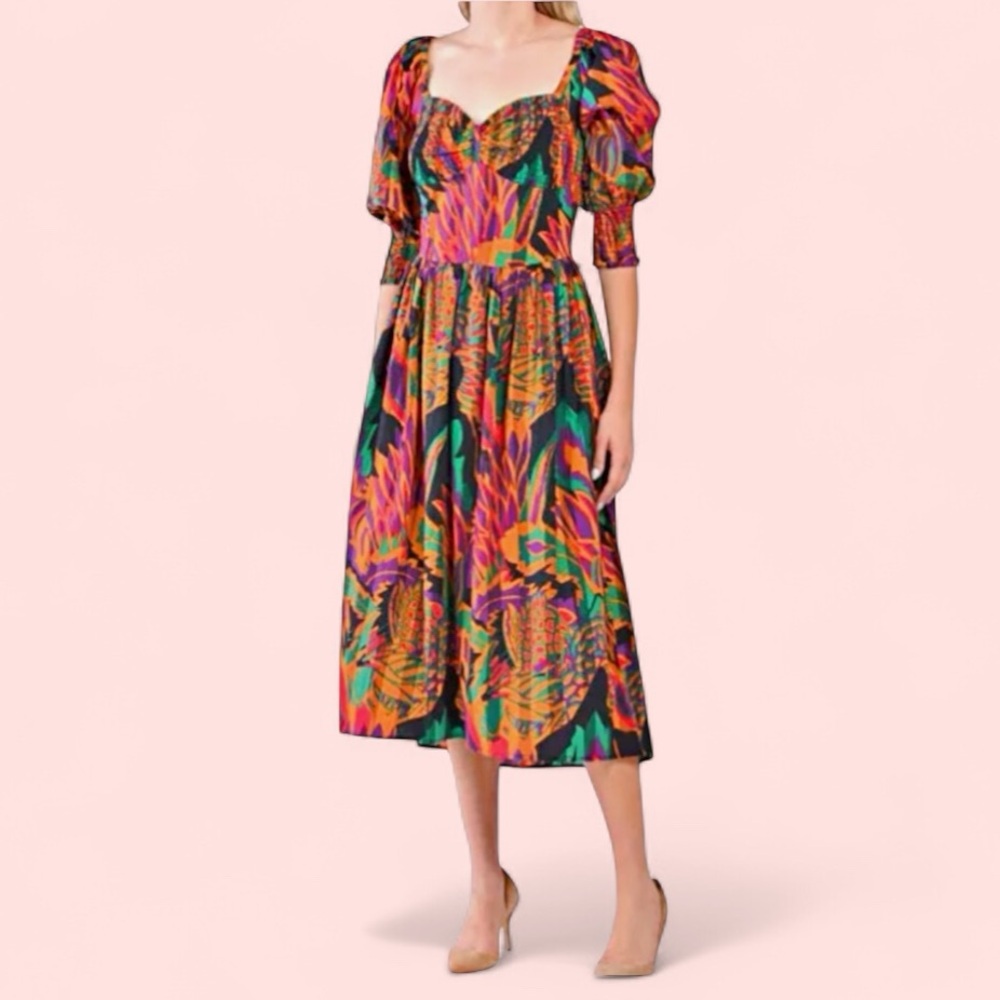 HOUSE OF HARLOW 1960 Smocked Printed Tropical Cotton Midi Dress